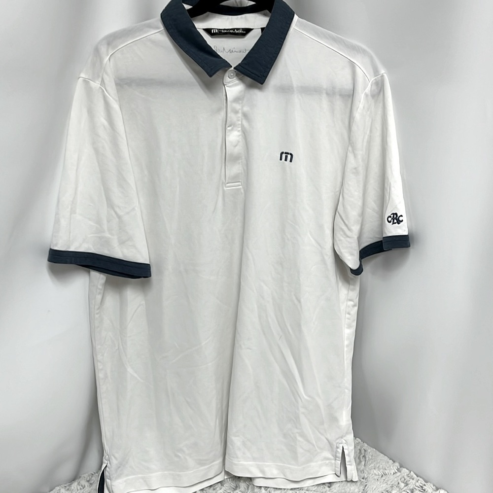 Travis Mathew Men’s Golf Polo White with blue trim size large